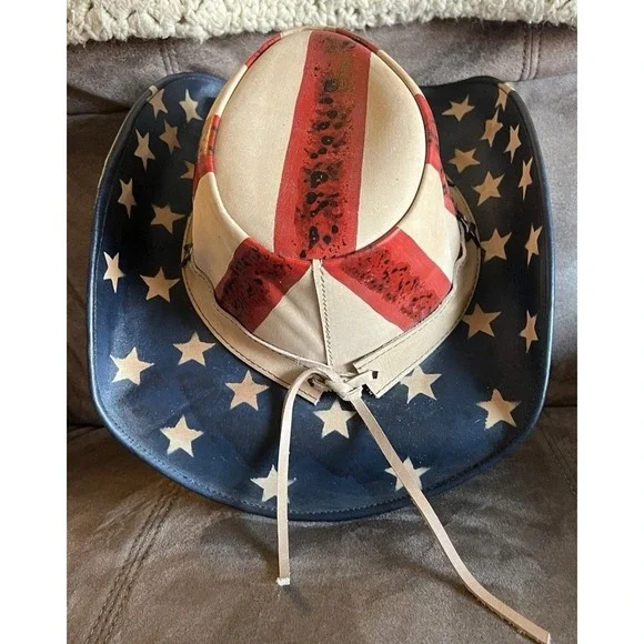 American Flag Cowboy Bull Hide Hat Star Brim Size Small - Picture 5 of 9